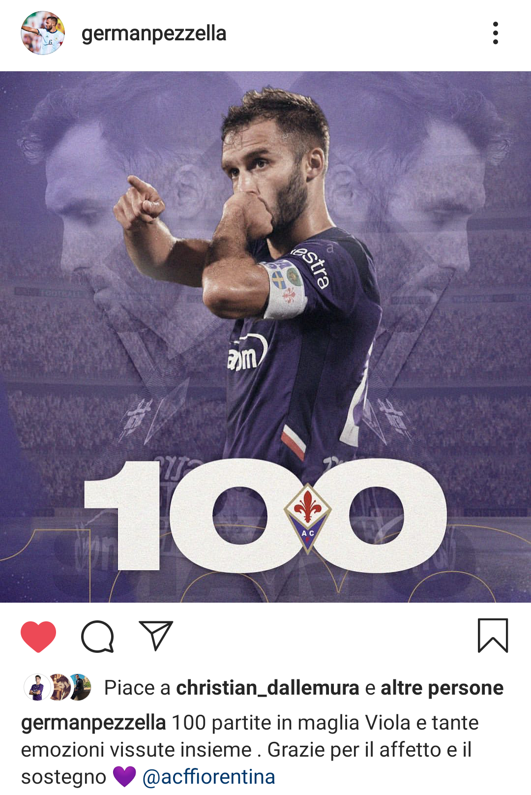 Pezzella: "100 gare in maglia viola e tante emozioni vissute insieme"