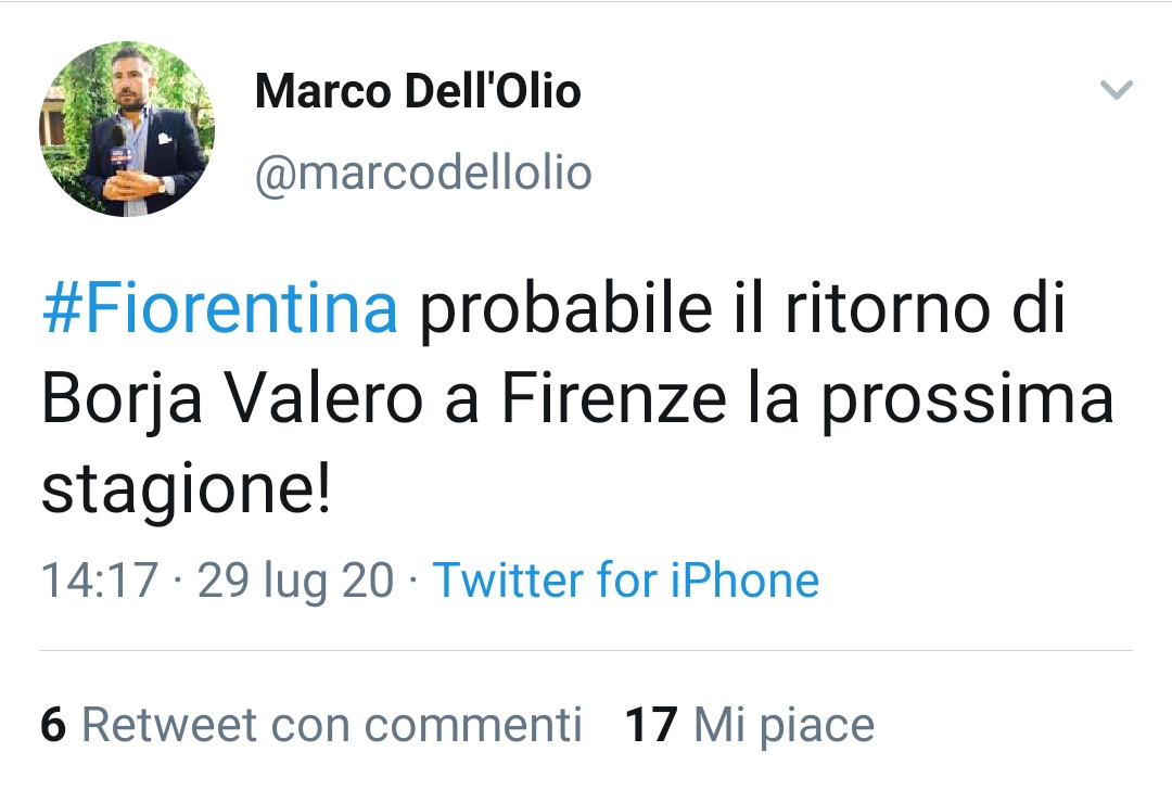 Dell'Olio: "Probabile il ritorno di Borja Valero alla Fiorentina in estate"