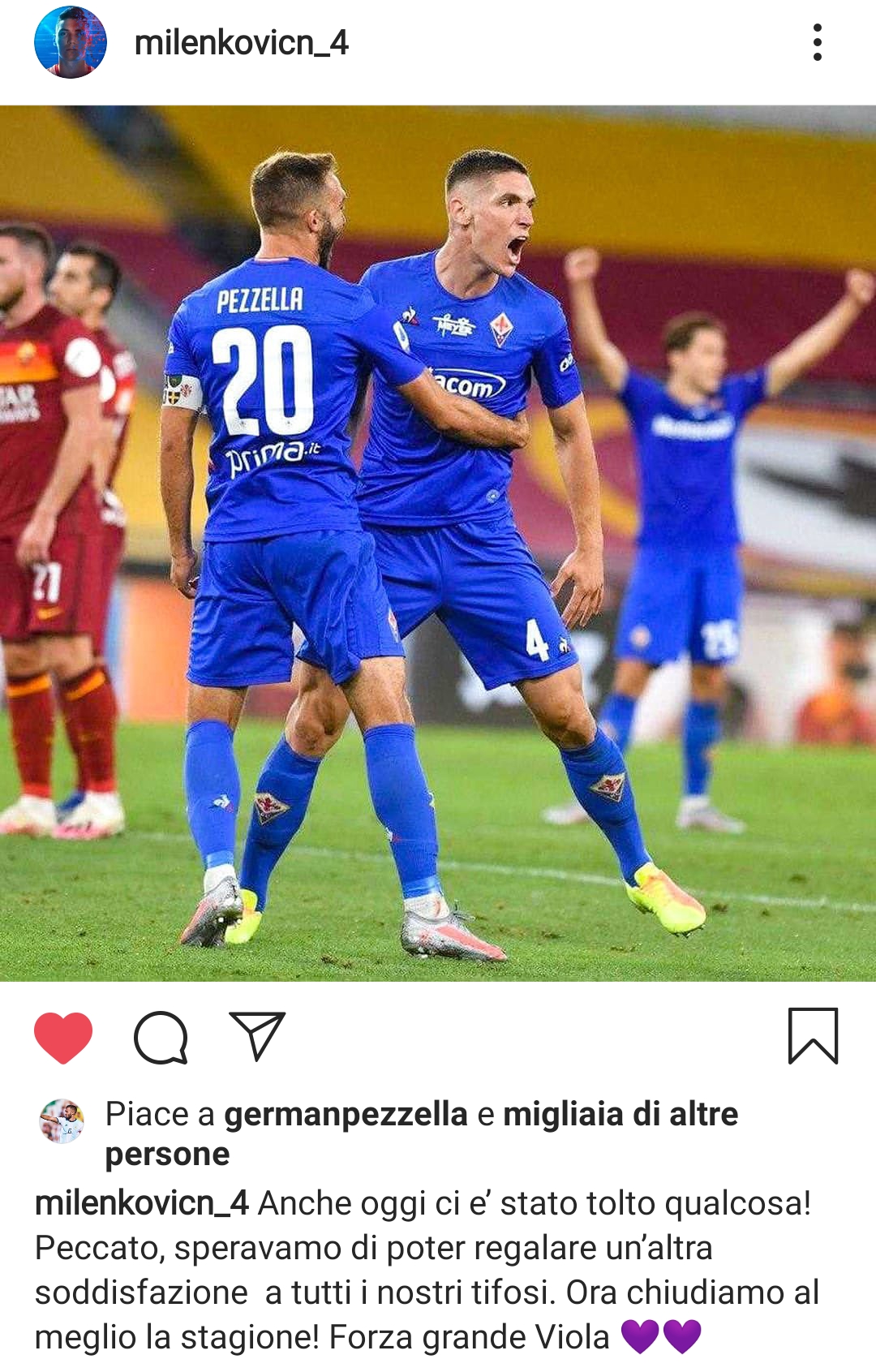 Milenkovic sui social: "Anche oggi ci è stato tolto qualcosa!"