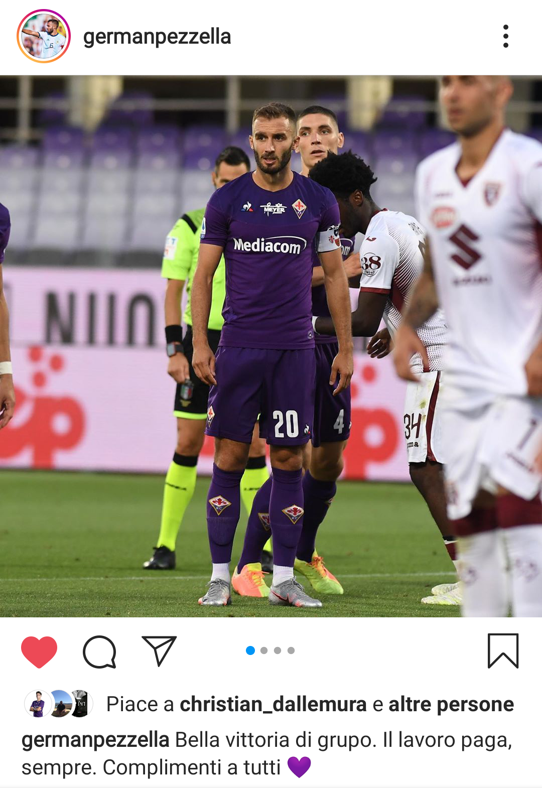 Pezzella: "Bella vittoria di gruppo. Complimenti a tutti"