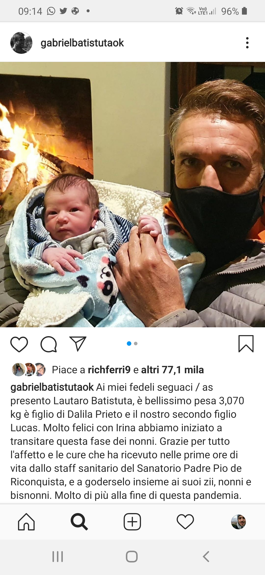 FOTO, Batistuta è nonno. È nato Lautaro, figlio del secondogenito Lucas. L'annuncio via social