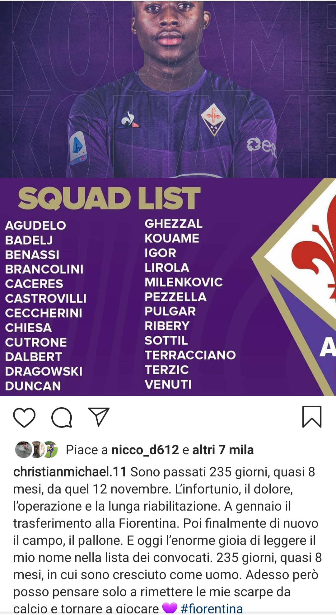 Kouamè entusiasta: "Prima l'infortunio e il dolore. Poi il pallone e ora la prima convocazione della Fiorentina.."