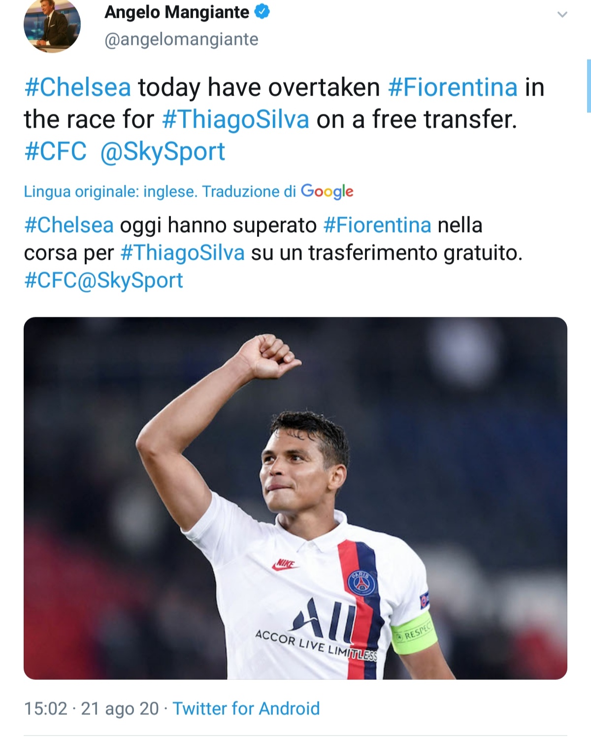 Mangiante: "Il Chelsea ha superato la Fiorentina per Thiago Silva"