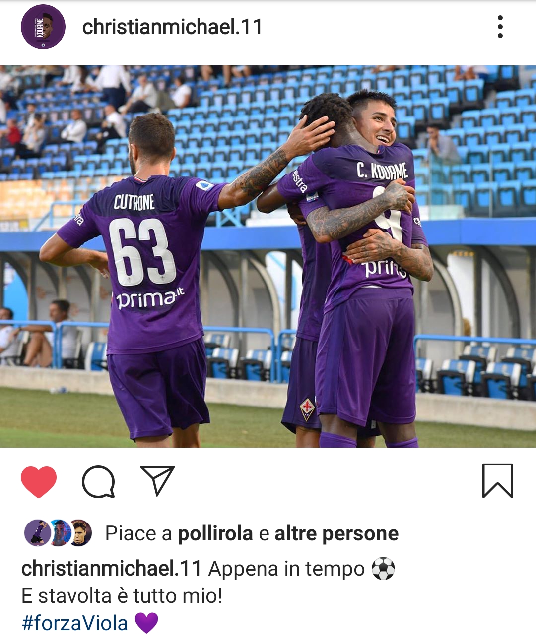 Kouame sui social: "Appena in tempo per segnare. Stavolta è tutto mio"