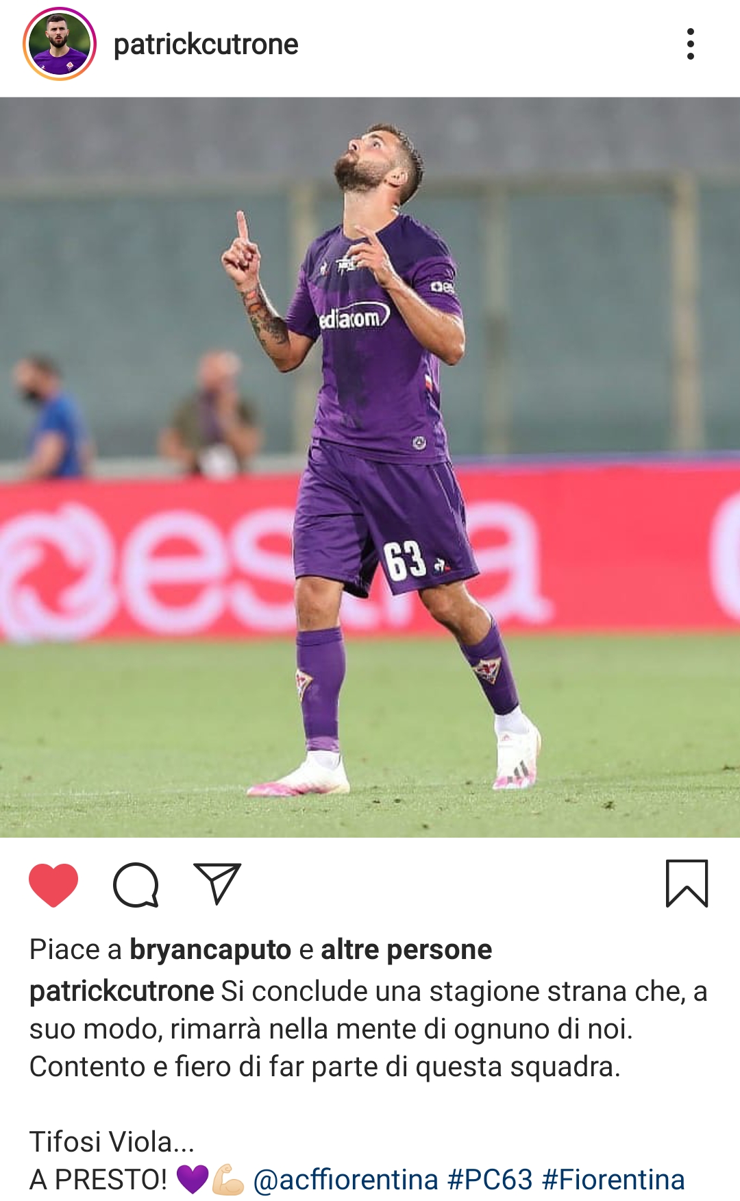 Cutrone: "Contento e fiero di far parte di questa squadra. Tifosi viola..."