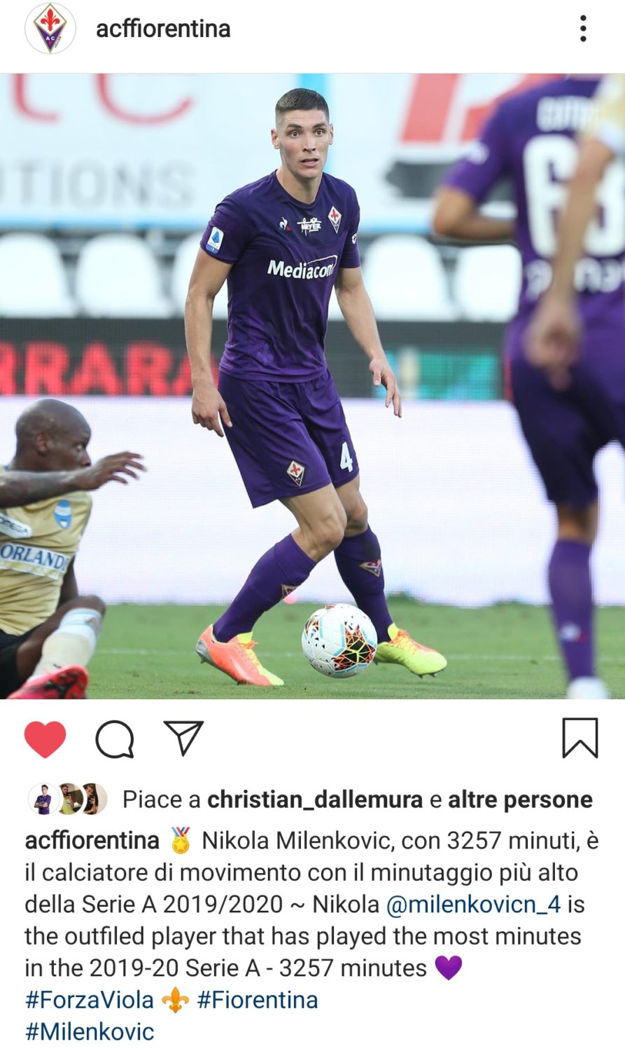 ACF, Milenkovic con 3257 minuti è il giocatore più utilizzato in Serie A