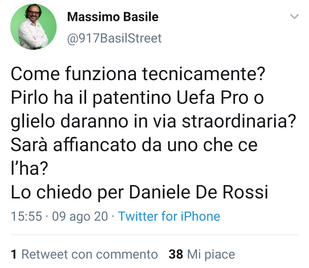 Basile: "Pirlo ha il patentino Uefa Pro o glielo daranno in via straordinaria?" Chiedo per De Rossi