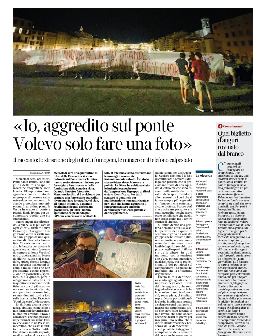 La pagina del Corriere fiorentino che parla dell'aggressione di Masismo Sestini