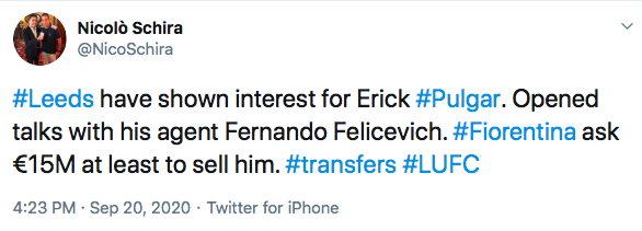 Schira: "Il Leeds vuole Pulgar. La Fiorentina per venderlo chiede almeno 15 milioni"