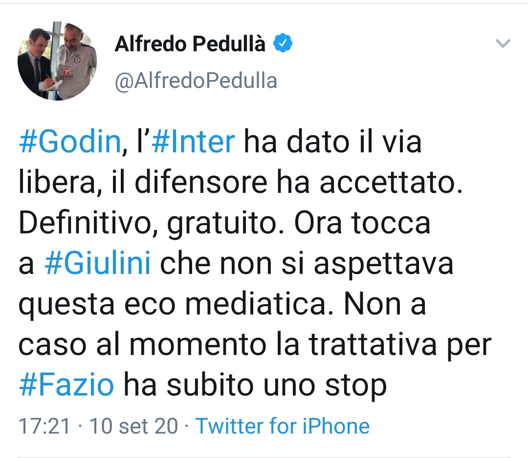Pedullà: "L'Inter ha dato il via libera a Godin, il difensore ha accettato"
