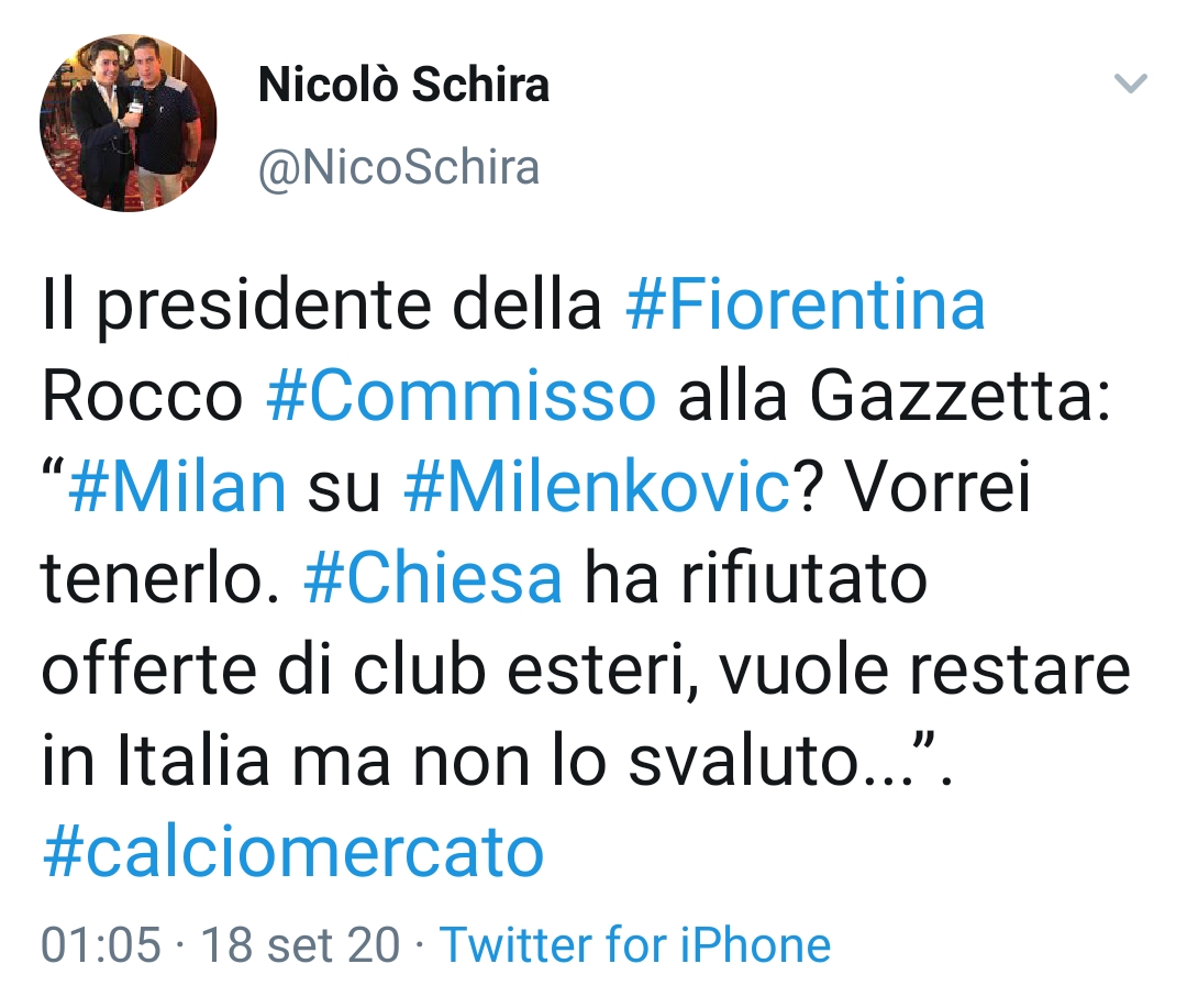 Commisso: "Chiesa ha rifiutato offerte di club esteri, vuole stare in Italia"