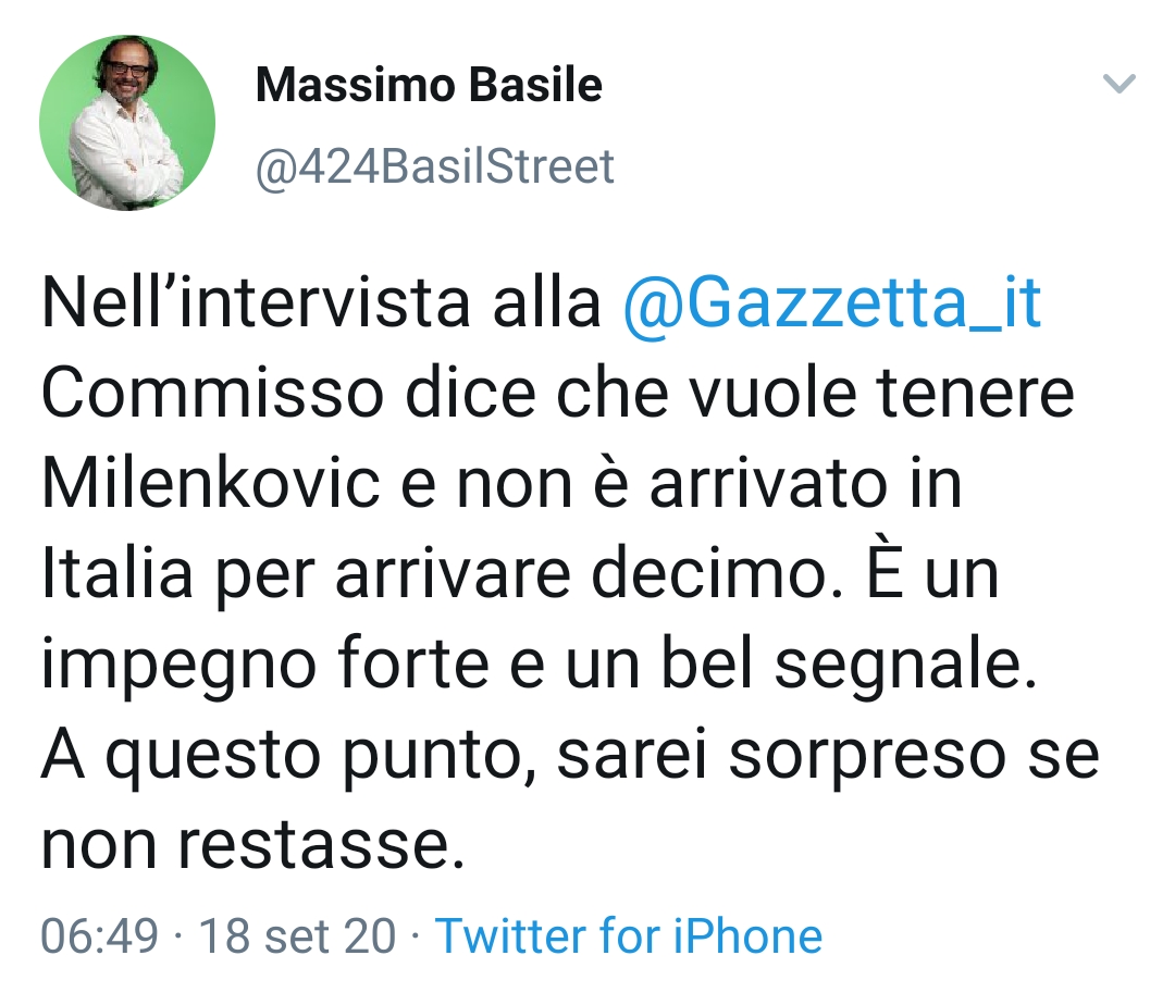 Basile: "Commisso dice che non è arrivato in Italia per arrivare decimo"