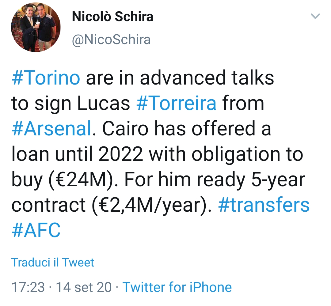 Schira, Cairo ha offerto 24 milioni di euro per Torreira dell'Arsenal
