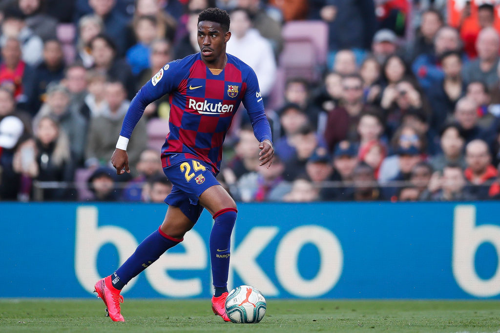 BARCELONA, SPAIN - FEBRUARY 15: Junior Firpo of FC Barcelona controls the ball during the Liga match between FC Barcelona and Getafe CF at Camp Nou on February 15, 2020 in Barcelona, Spain. (Photo by Eric Alonso/Getty Images)