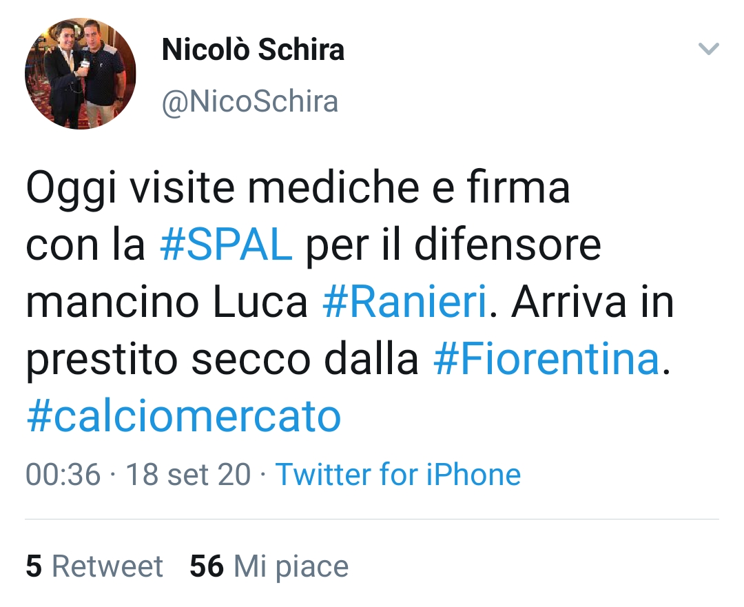 Schira: "Visite mediche con la Spal per Ranieri. Arriva in prestito dalla viola"