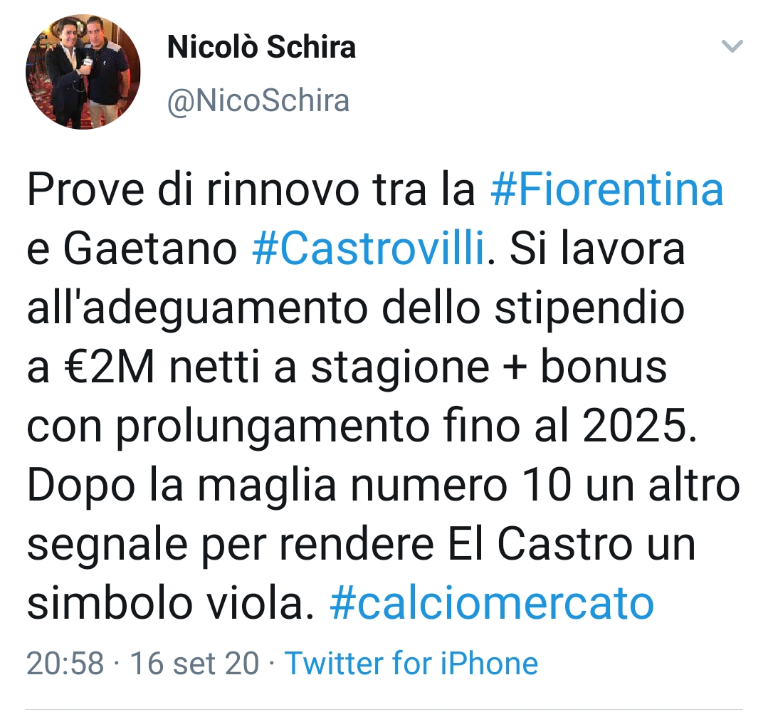 Schira: "Per Castrovilli si lavora per un adeguamento dello stipendio e un..."