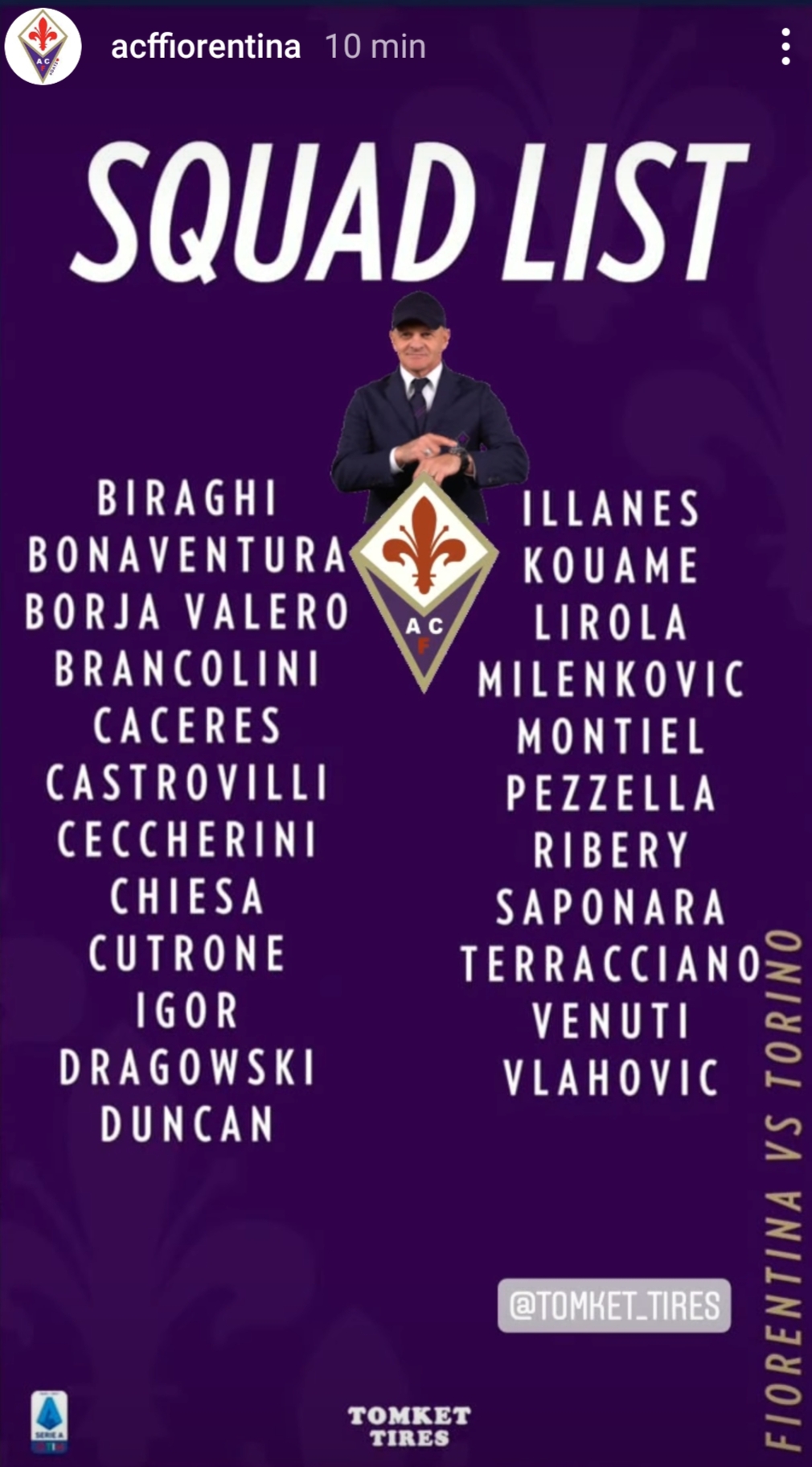 Ecco la lista dei giocatori convocati da Iachini nella sfida con il Torino