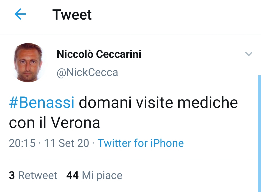 Domani le visite mediche di Benassi con il Verona, prestito con diritto di riscatto. I dettagli