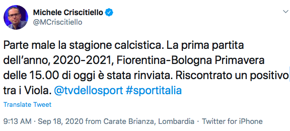 Criscitiello: "Fiorentina-Bologna Primavera è stata rinviata, c'è un positivo al Covid nei viola"