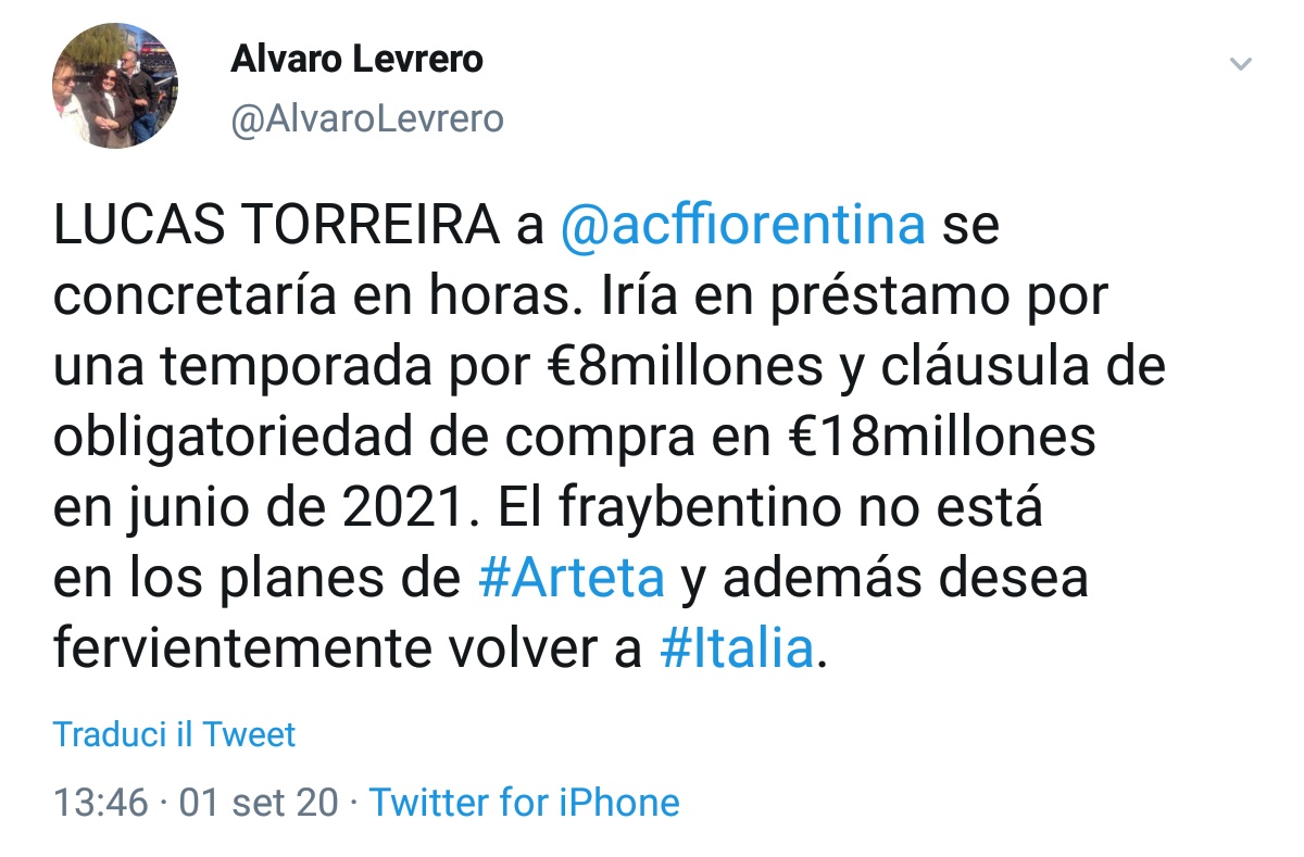 Il tweet del giornalista uruguaiano riguardo il futuro di Lucas Torreira alla Fiorentina