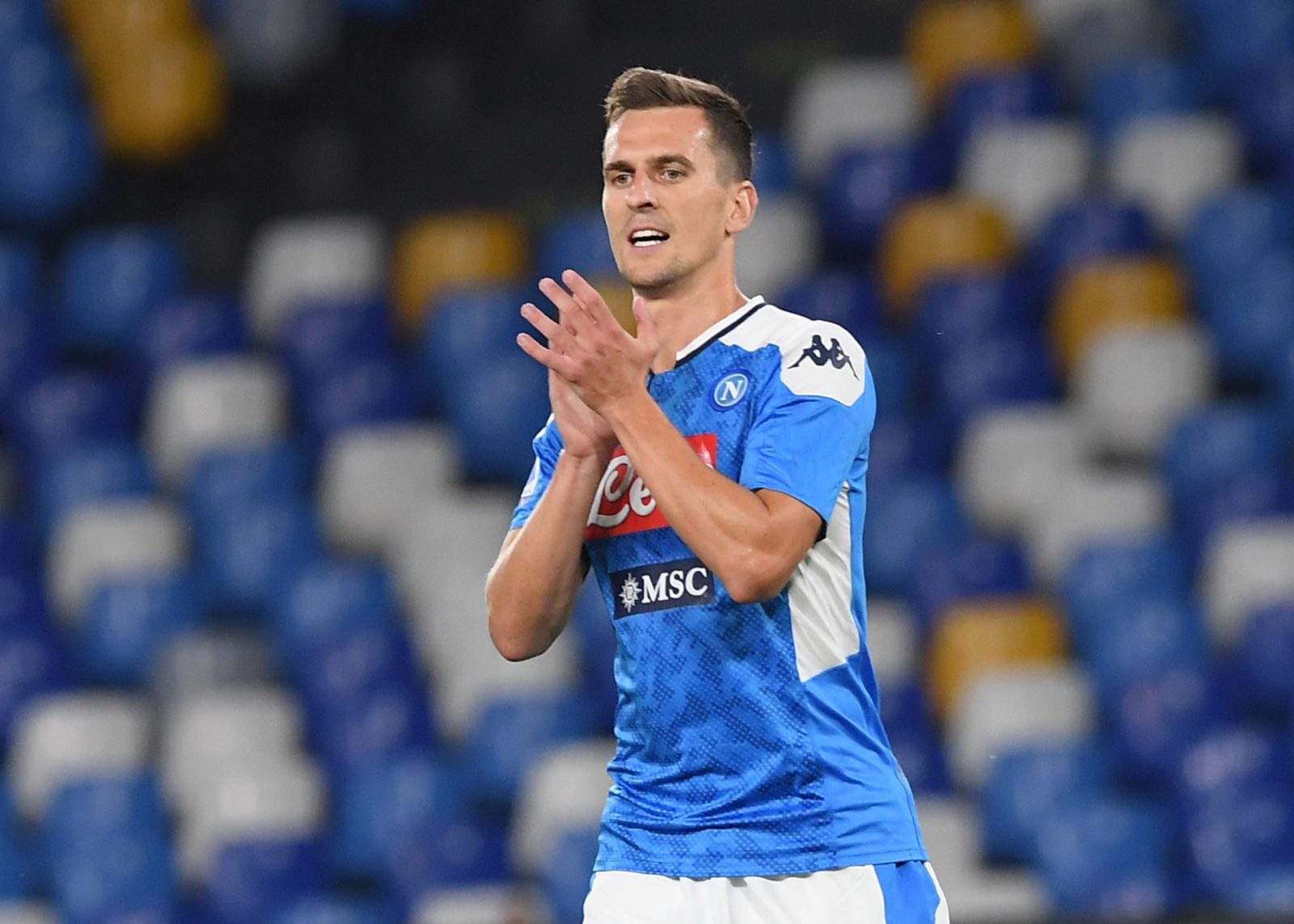 NAPLES, ITALY - JULY 25: Arkadiusz Milik during the Serie A match between SSC Napoli and US Sassuolo at Stadio San Paolo on July 25, 2020 in Naples, Italy. (Photo by SSC NAPOLI/SSC NAPOLI via Getty Images)