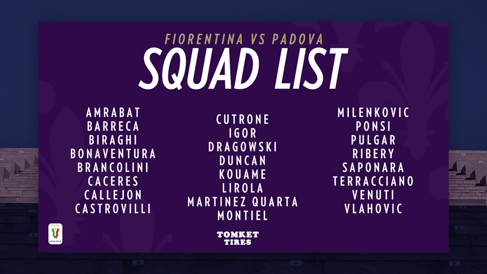 I convocati della Fiorentina per la gara contro il Padova. Out Pezzella, ci sono Ribery e Lirola