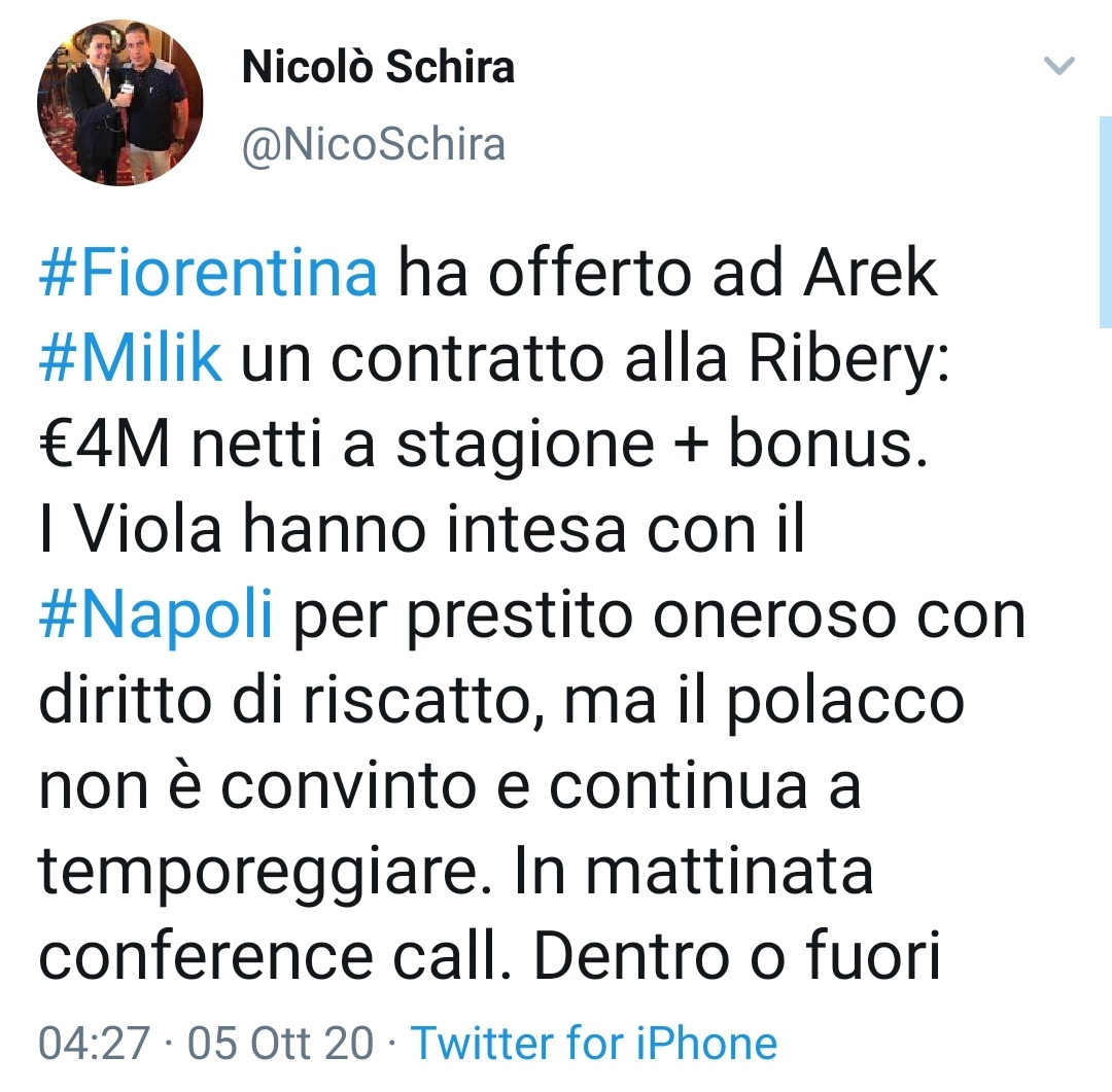 Schira, la Fiorentina offre a Milik contratto di 5 anni anni a 4 milioni netti più bonus. Accordo con il Napoli