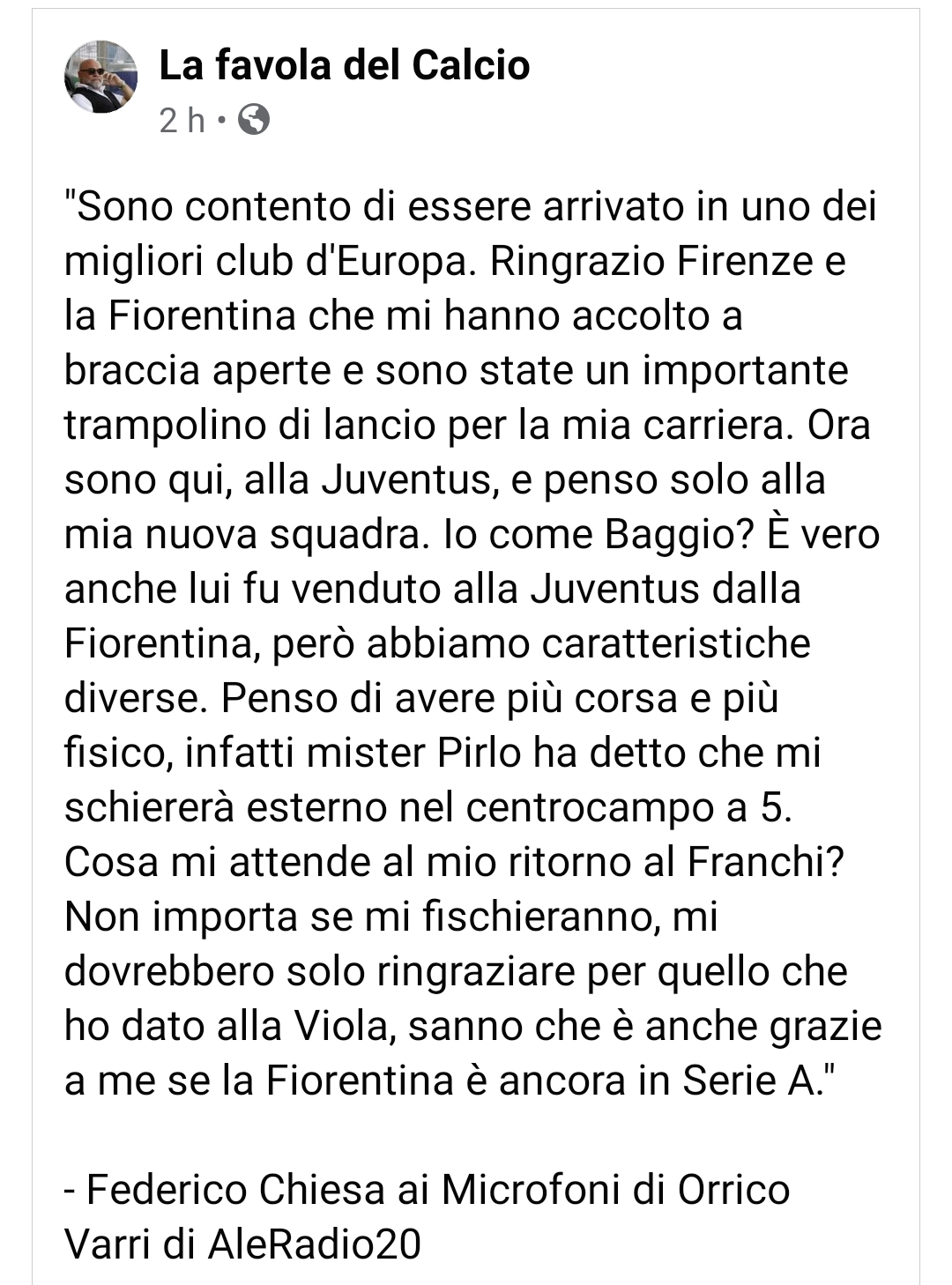 Il testo falso delle parole di Federico Chiesa. Parole mai pronunciate e totalmente inventate