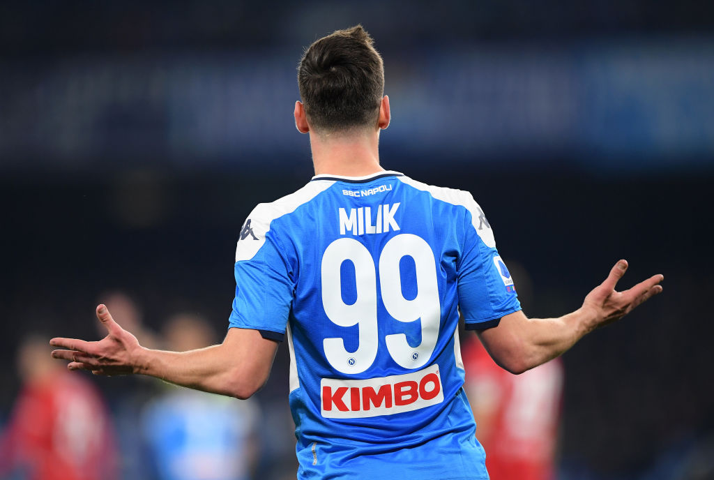NAPLES, ITALY - JANUARY 18: Arkadiusz Milik of SSC Napoli stands disappointed during the Serie A match between SSC Napoli and ACF Fiorentina at Stadio San Paolo on January 18, 2020 in Naples, Italy. (Photo by Francesco Pecoraro/Getty Images)