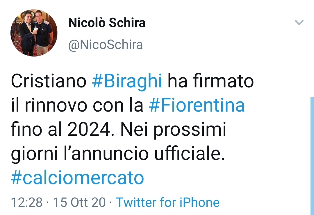 "Biraghi ha firmato il rinnovo di contratto con la Fiorentina fino al 2024. Nei prossimo giorni l'annuncio ufficiale"