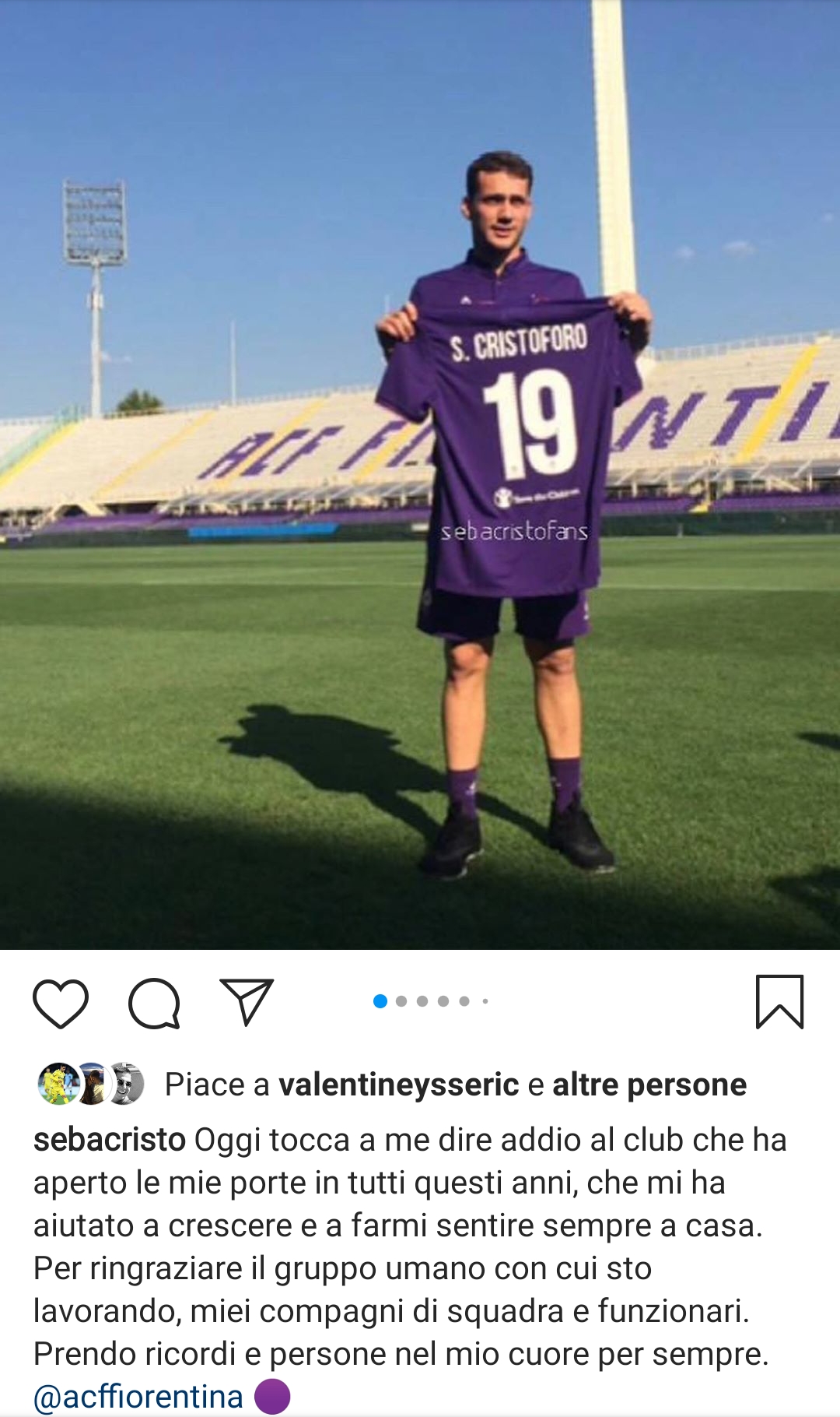 Cristoforo saluta i tifosi viola: "Prendo i ricordi e le persone nel mio cuore"