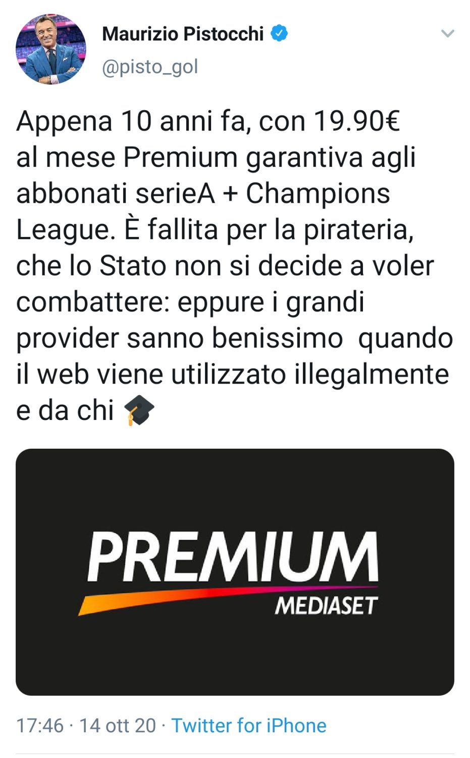Pistocchi: "Dieci anni fa Premium fallì per la pirateria"