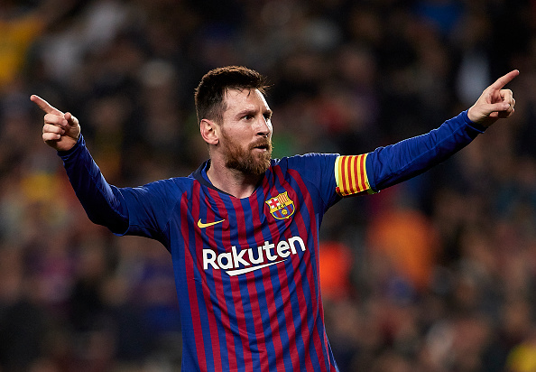 BARCELONA, SPAIN - MAY 01: Lionel Messi of FC Barcelona celebrates after scoring his team's third goal during the UEFA Champions League Semi Final first leg match between Barcelona and Liverpool at the Nou Camp on May 01, 2019 in Barcelona, Spain. (Photo 