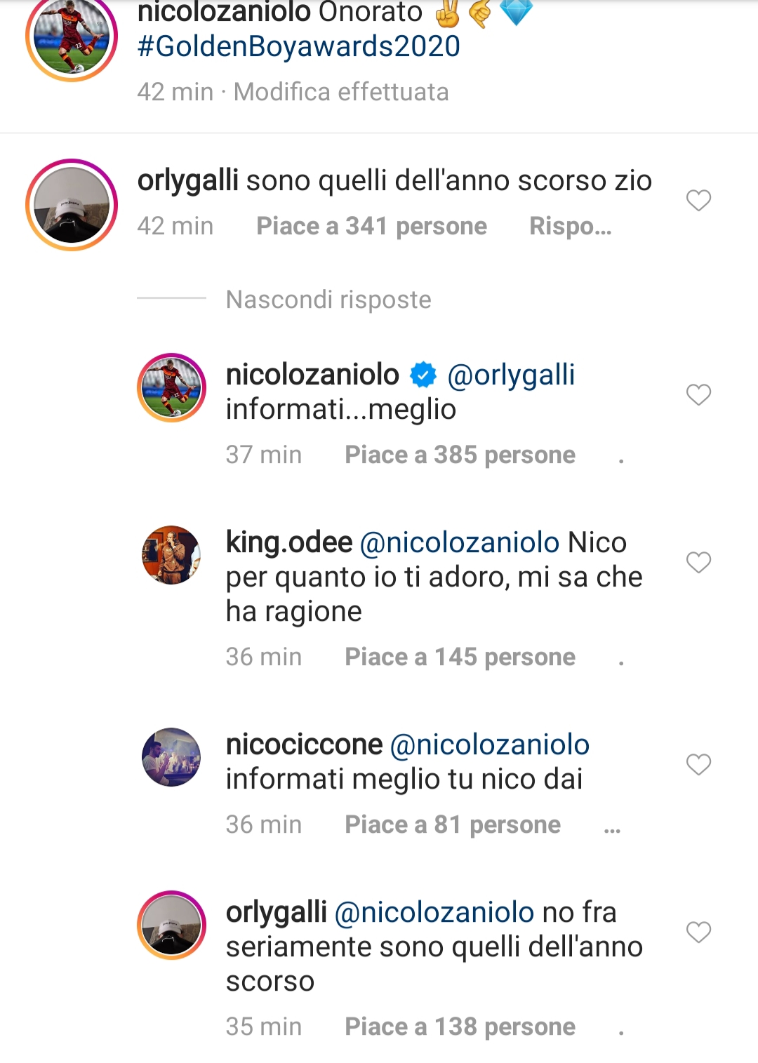 Figuraccia social per Zaniolo, ringrazia per essere finalista al Golden Boy, ma in realtà non c'è e un tifoso glielo fa notare