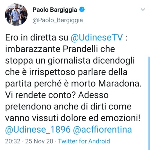 Bargiggia contro Prandelli: "Non vuole parlare perchè è morto Maradona. Ma si rende conto?"