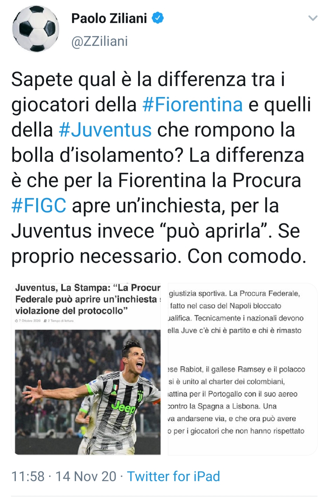 "Per i giocatori della Fiorentina la Procura apre inchiesta, per la Juventus invece può aprire"