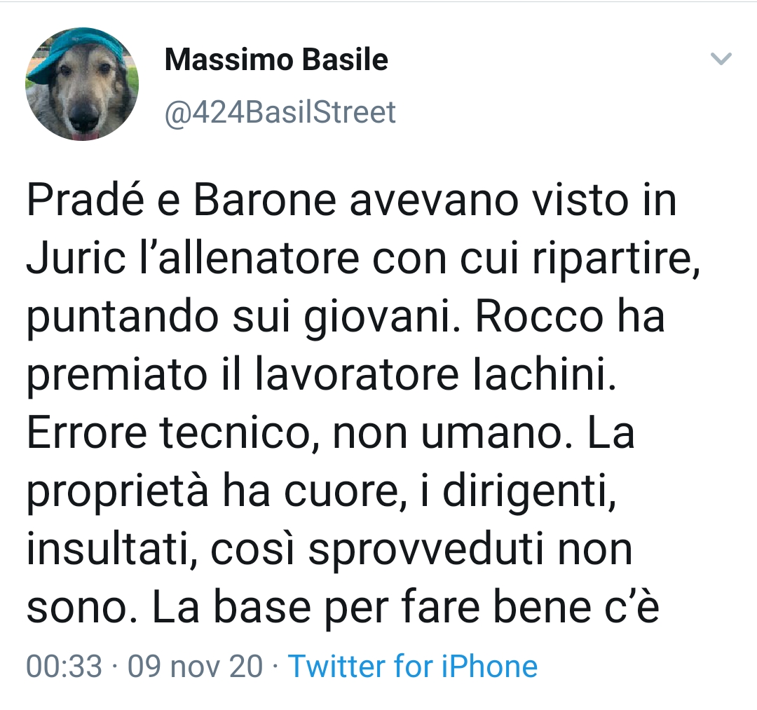 Basile: "Pradè e Barone avevano visto in Juric l'allenatore con cui ripartire"