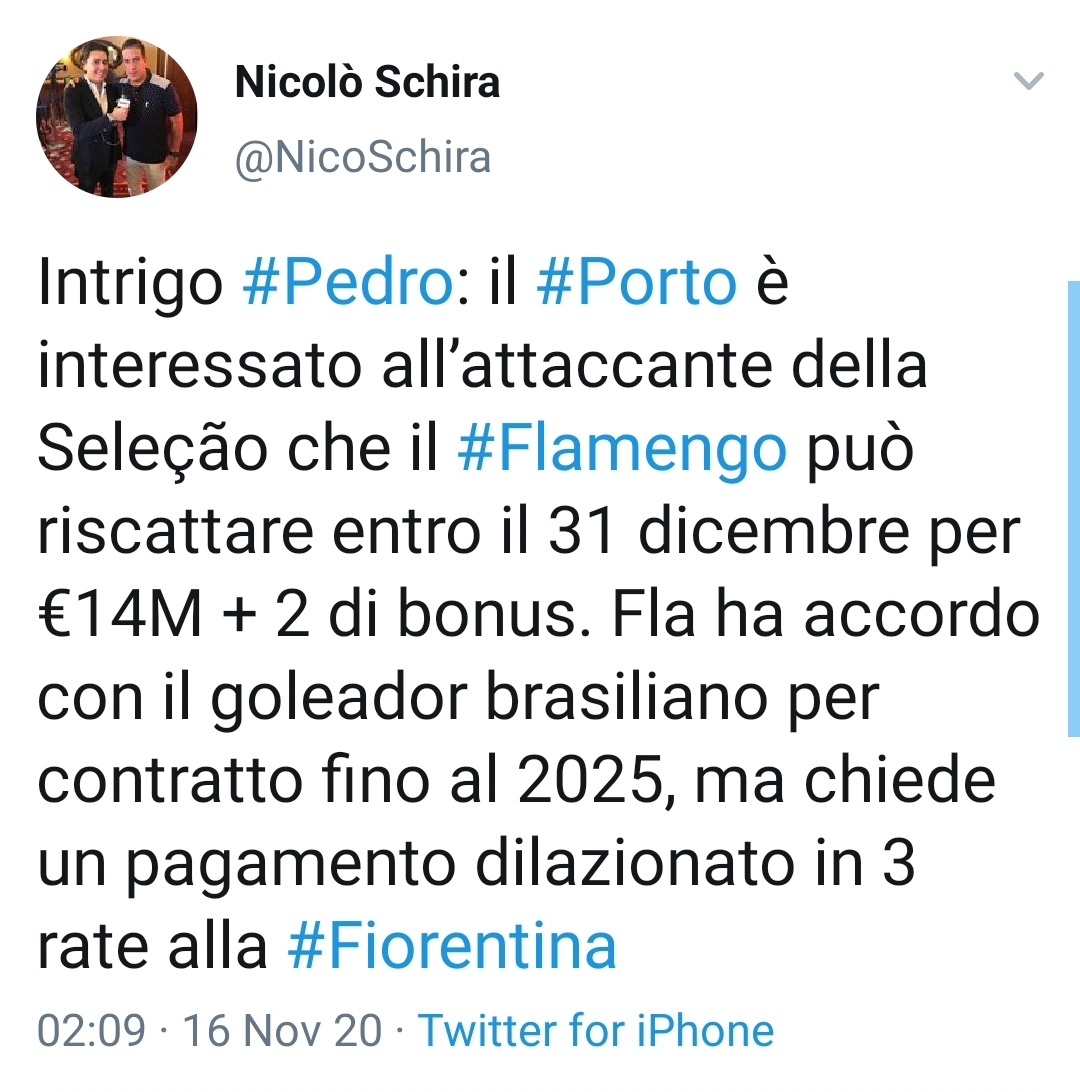 Schira: "Il Porto vuole aiutare il Flamengo per pagare Pedro alla Fiorentina. Riscatto di 16 milioni"