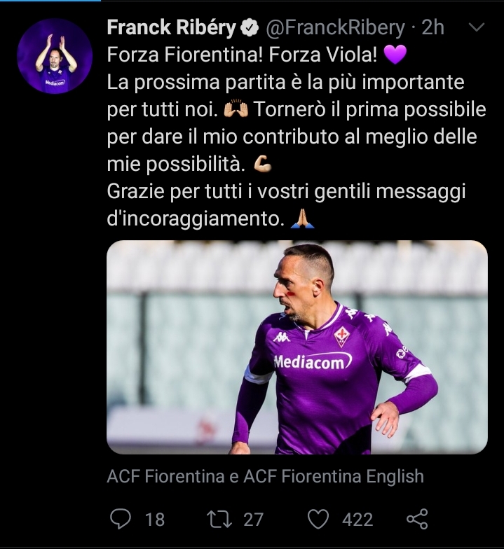 Ribery carica la squadra: "Forza Fiorentina! La prossima partita è la più importante per noi"