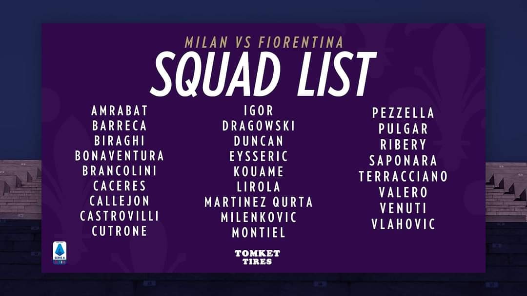 Ecco la lista dei giocatori viola convocati contro il Milan. Presente Montiel