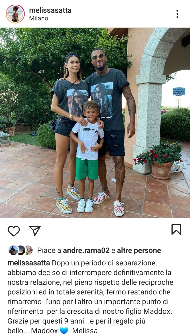 Via da Firenze finisce anche la relazione, Boateng e Melissa Satta si separano. L'annuncio su Instagram