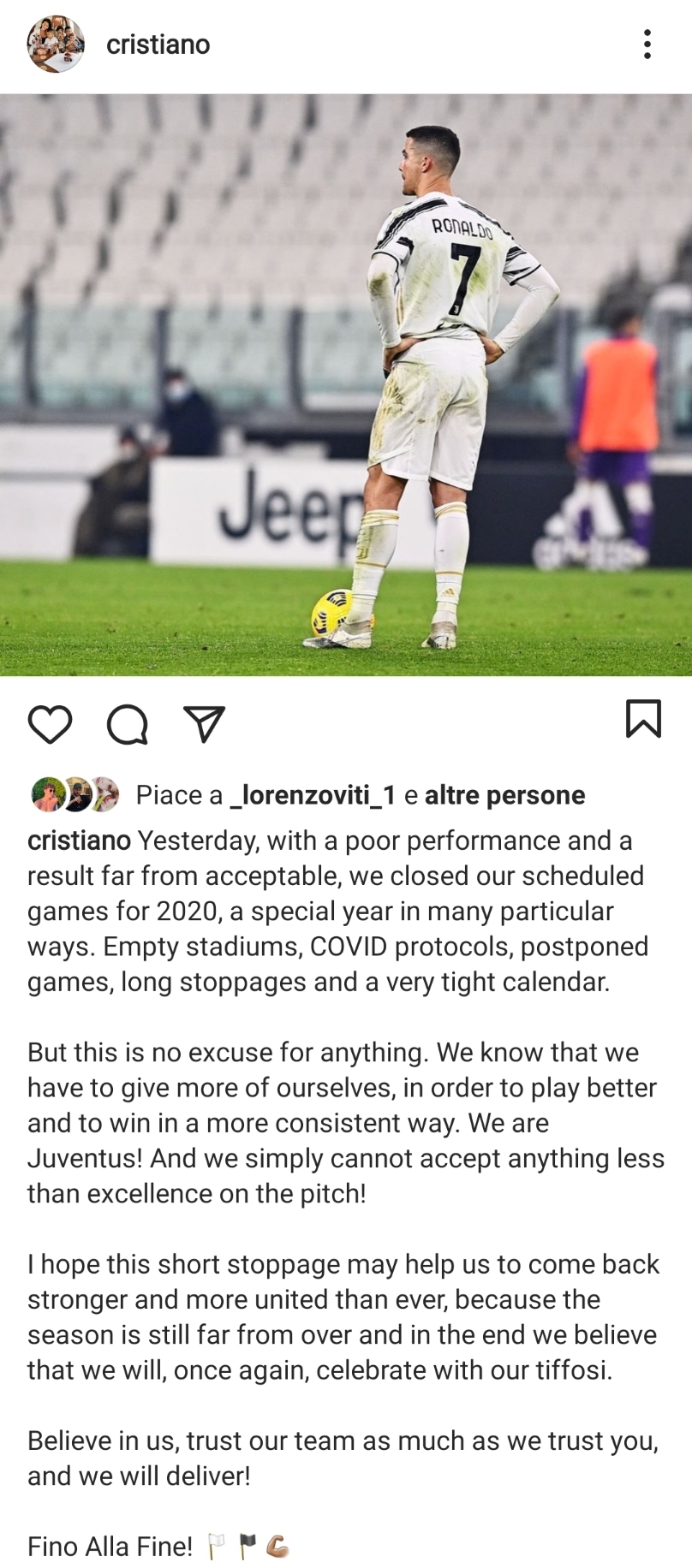 Ronaldo non se ne capacita: "Contro la Fiorentina sconfitta inaccettabile, poi festeggeremo noi"