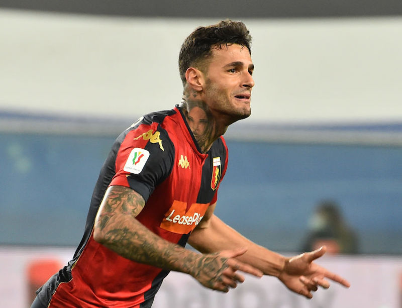GENOA, ITALY - NOVEMBER 26: Gianluca Scamacca of Genoa CFC celebrates after scoring the goal 3-1 during the Coppa Italia match between UC Sampdoria and Genoa CFC at Stadio Luigi Ferraris on November 26, 2020 in Genoa, Italy. (Photo by Paolo Rattini/Getty 
