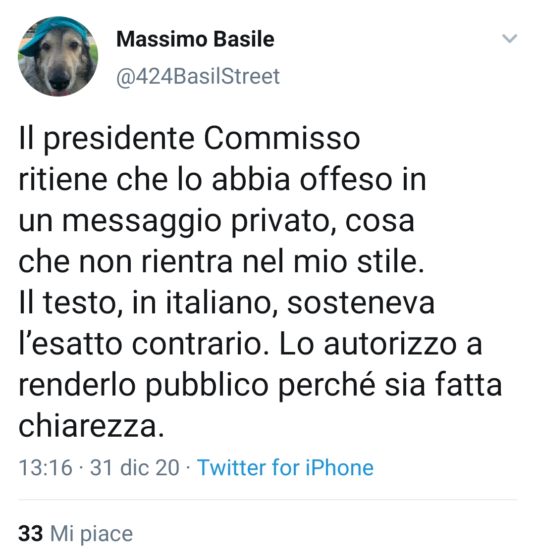 Basile: "Commisso renda pubblico il messaggio privato che lo ha offeso"
