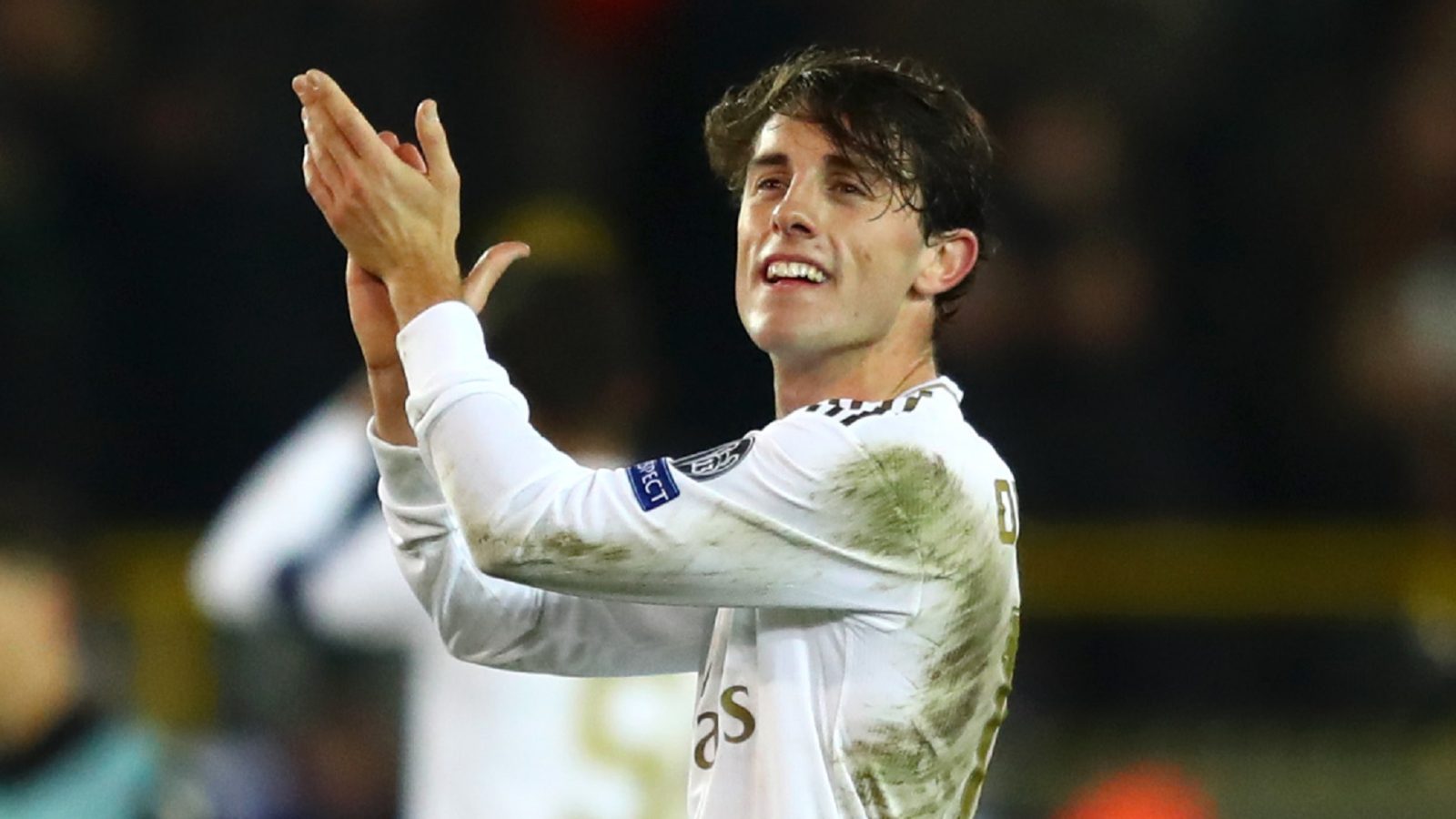 BRUGGE, BELGIUM - DECEMBER 11: Alvaro Odriozola of Real Madrid applauds fans after following victory in the UEFA Champions League group A match between Club Brugge KV and Real Madrid at Jan Breydel Stadium on December 11, 2019 in Brugge, Belgium. (Photo b