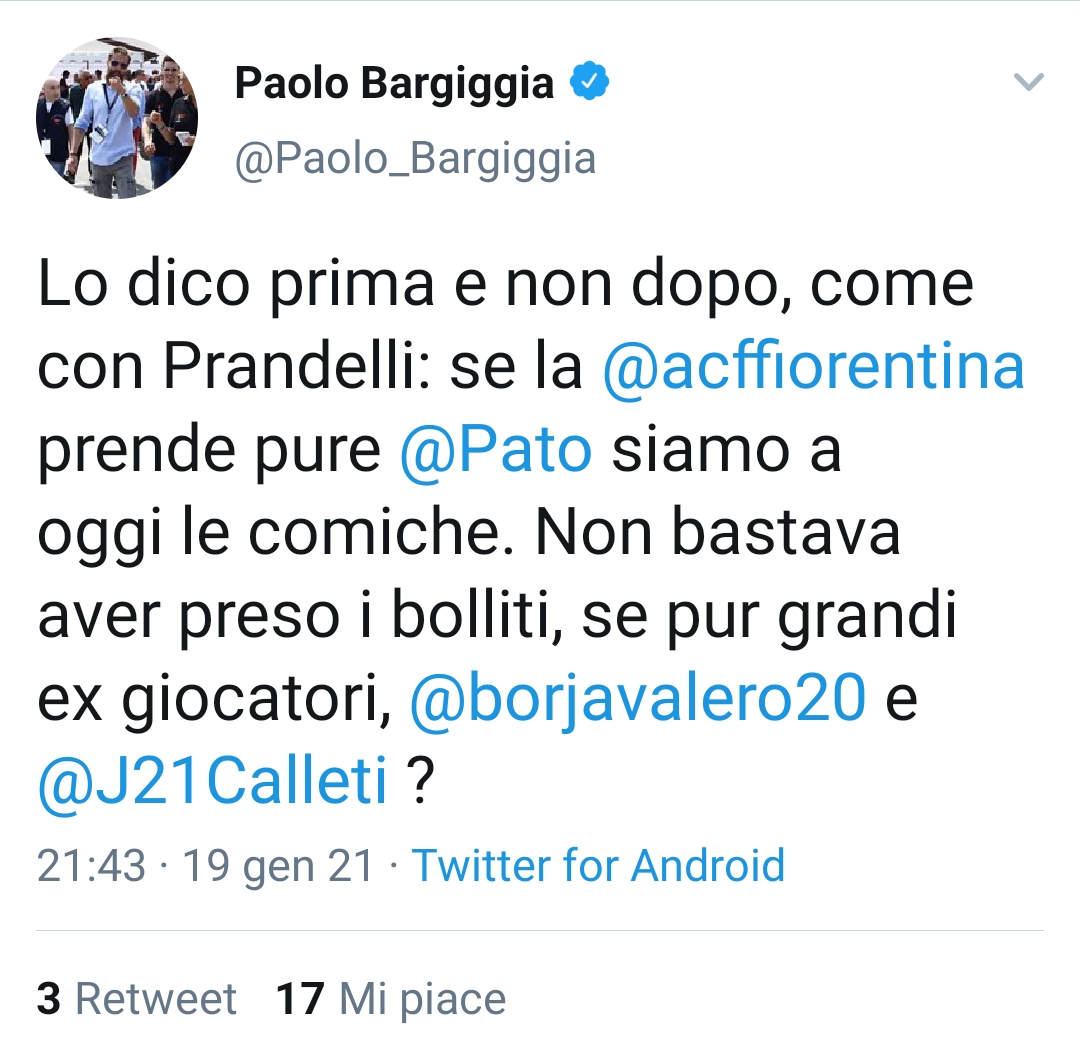 Bargiggia: "Se la viola prende Pato siamo alla comiche. Non bastavano..."