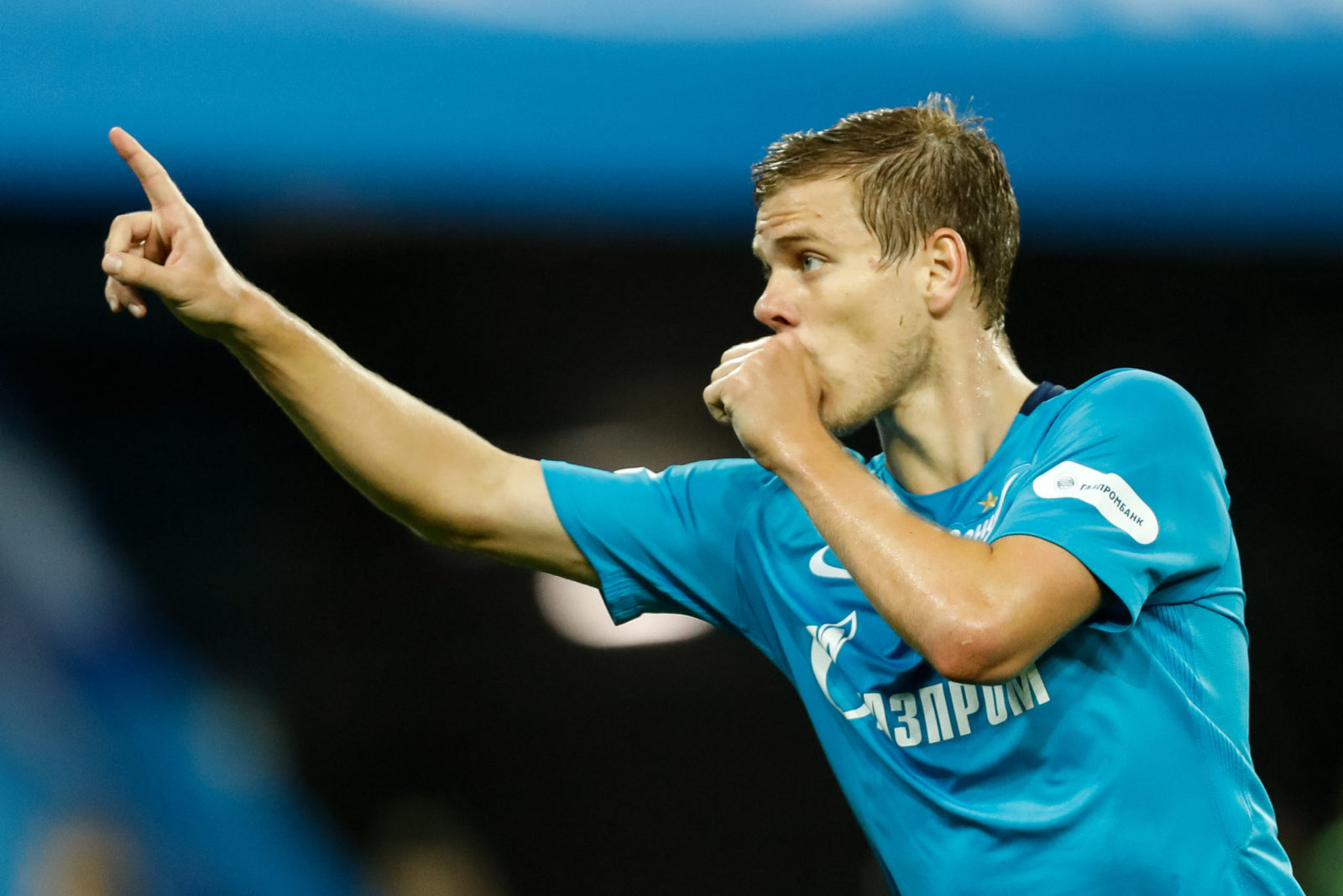 SAINT PETERSBURG, RUSSIA - SEPTEMBER 18: Aleksandr Kokorin of FC Zenit Saint Petersburg celebrates his goal during the Russian Football League match between FC Zenit St. Petersburg and FC Ufa at Saint Petersburg Stadium on September 18, 2017 in Saint Pete