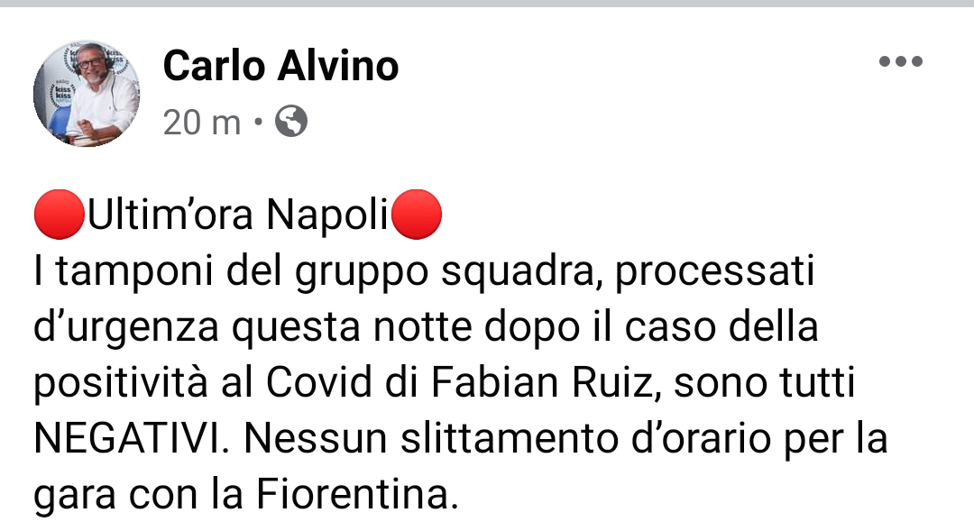 Alvino: "I tamponi d'urgenza del Napoli sono tutti negativi. L'orario..."