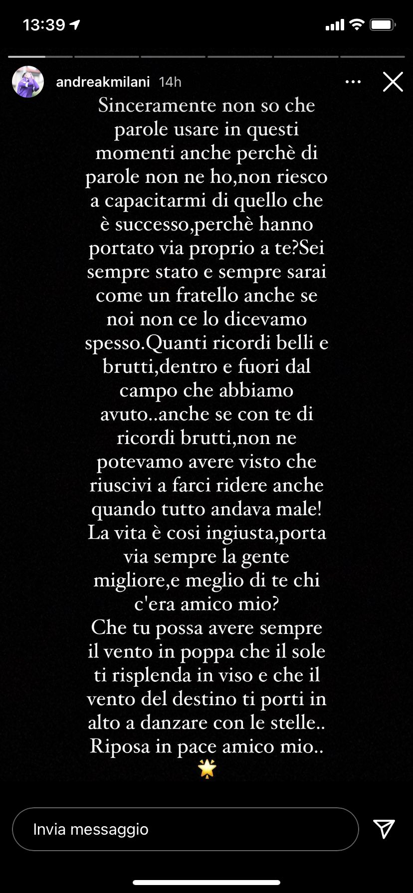 La struggente lettera di Milani a Guerini: "La vità e' ingiusta porta via la gente migliore, e meglio di te chi c'era?