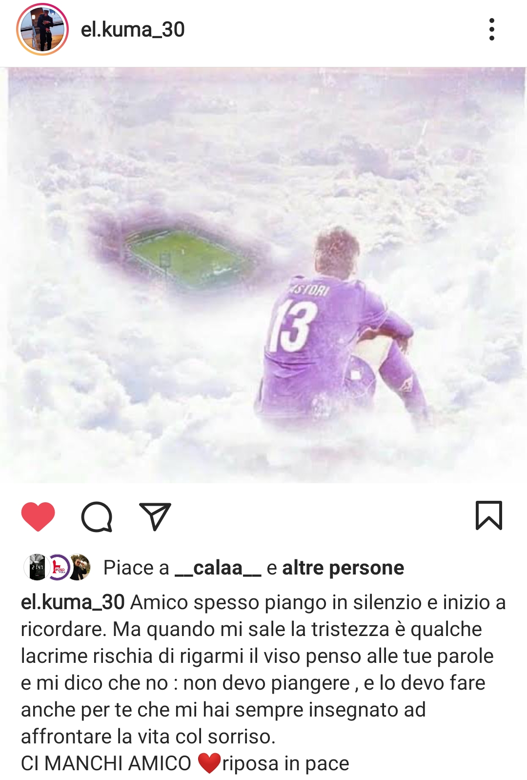 Babacar ad Astori: "Amico spesso piango in silenzio e inizio a ricordare"